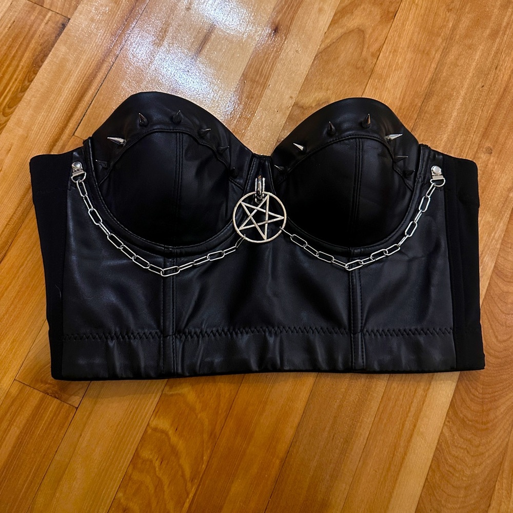 Studded vegan leather bustier with chains and pentagram